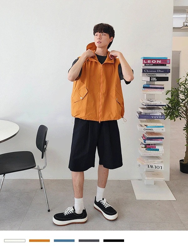 스트링 후드 집업 조끼