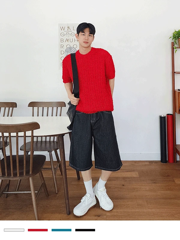 부클 라운드 니트 반팔