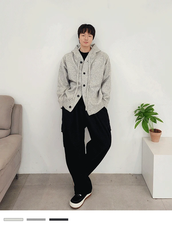 울 버튼 후드 가디건