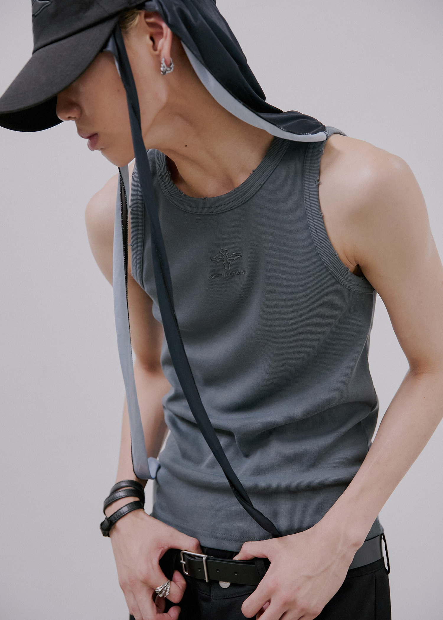 ●ANOTHERYOUTH● damage logo sleeveless - charcoal / unisex ANOTHERYOUTH