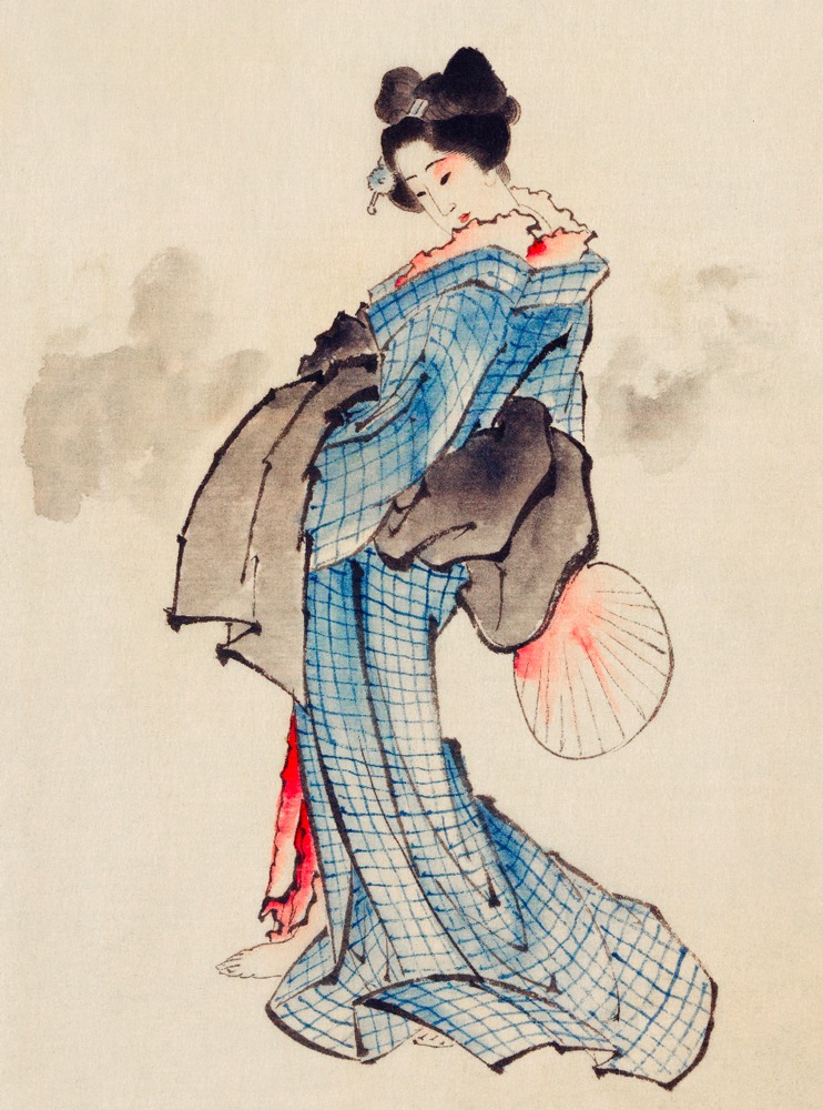 Woman, Full-Length Portrait, Wearing Kimono with Check Design