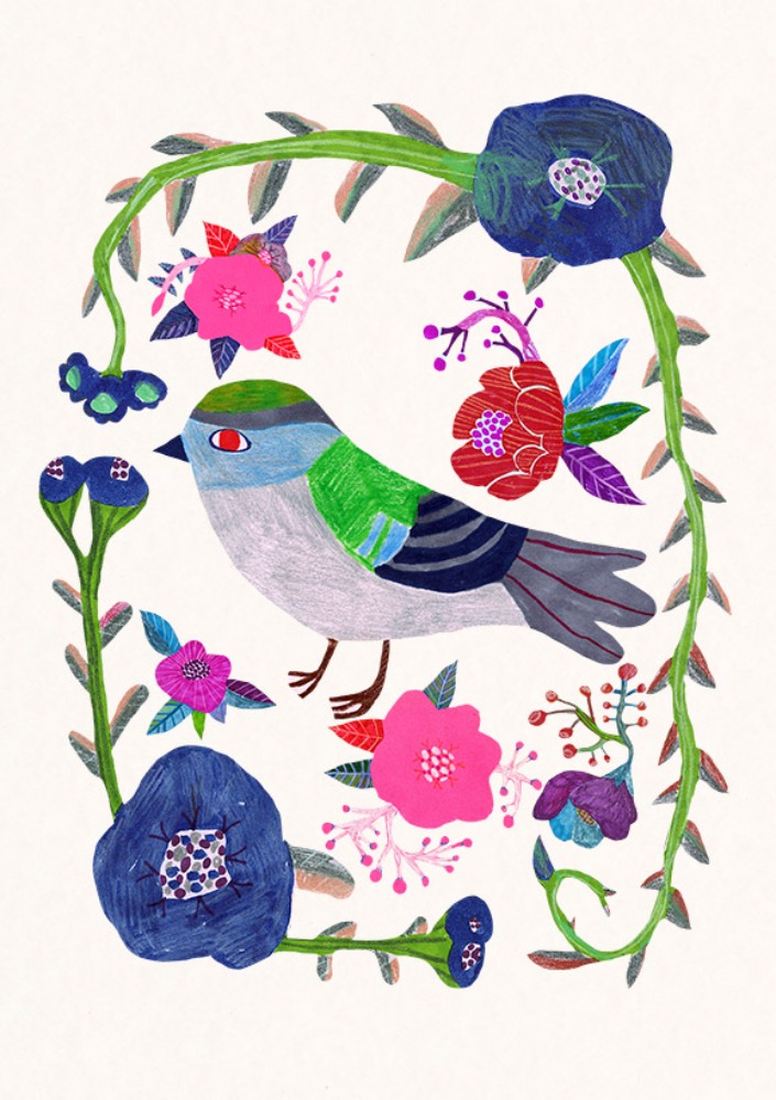 Blue Flowers and One Bird