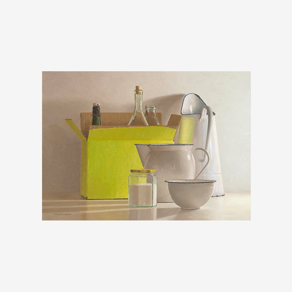 Still life with yellow box-bottles and