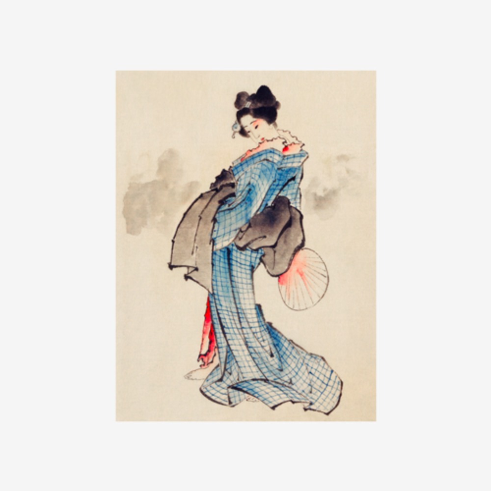 Woman, Full-Length Portrait, Wearing Kimono with Check Design