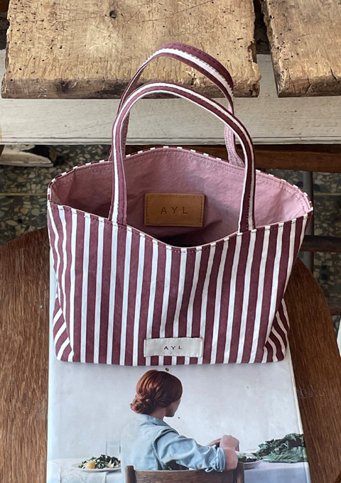 Mini Tote Bag - Stripe WINE_ASH PINK