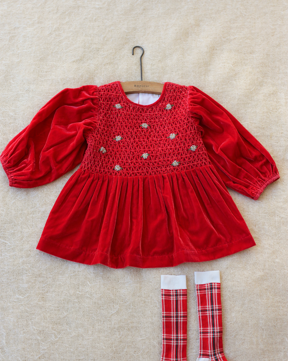 [BONJOUR] HANDSMOCK BLOUSE N60 / Red velvet [12Y]