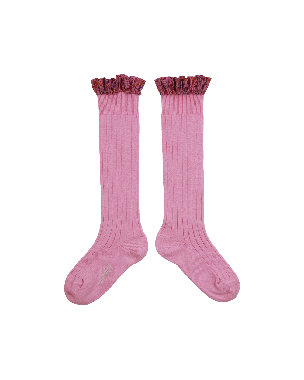 [Collégien] Elisabeth - Liberty Ruffle Ribbed Knee-high Socks - Rose Bonbon [21/23, 28/31]