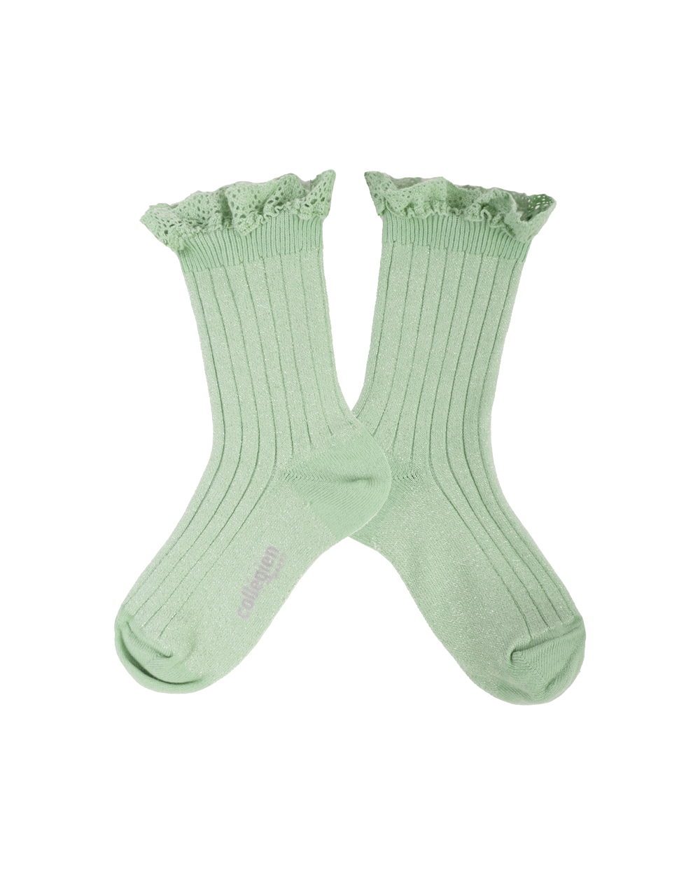 [Collégien] Victorine - Glitter Ribbed Crew Socks with Lace Trim - Verveine [21/23]