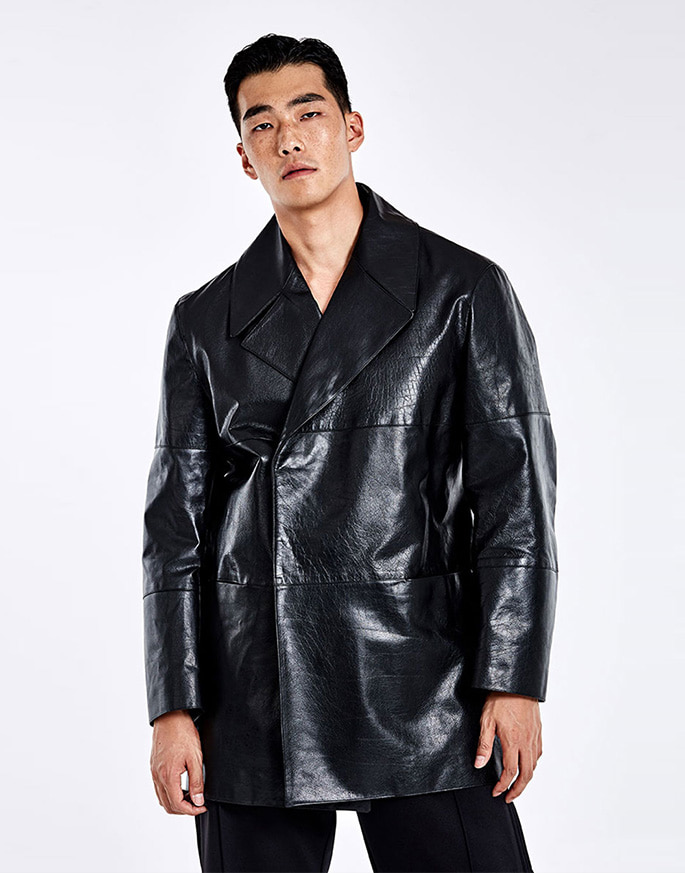[51PERCENT] Double-breasted leather trench Jacket  _ Black