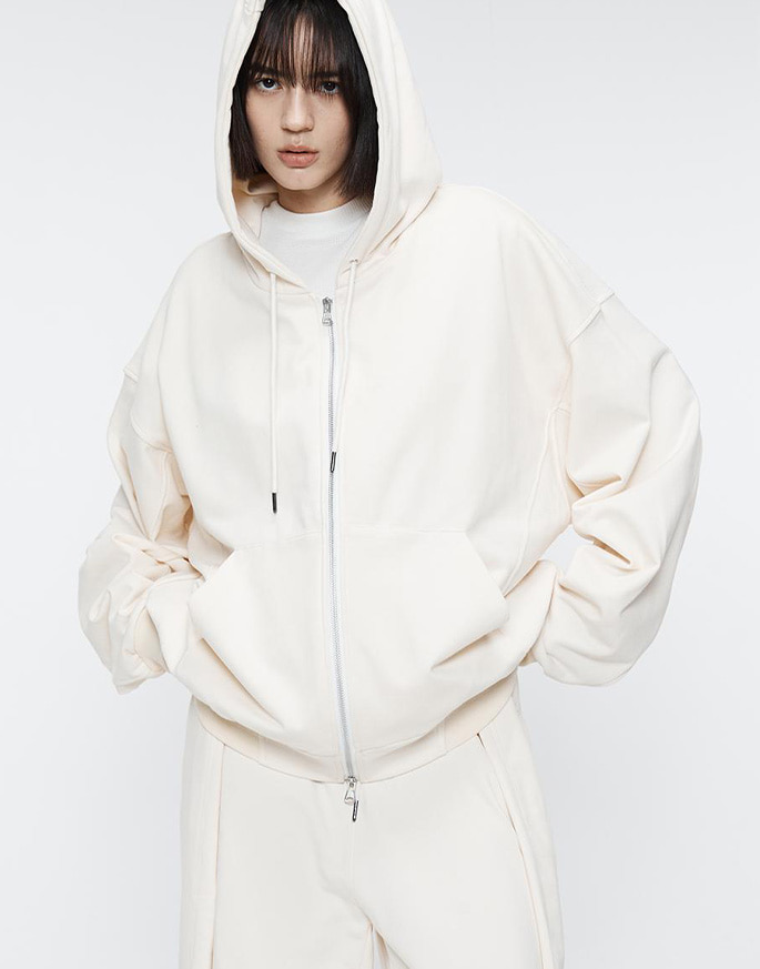 [HALEINE] MIXED FABRIC SWEAT ZIPUP HOODIE _ CREAM