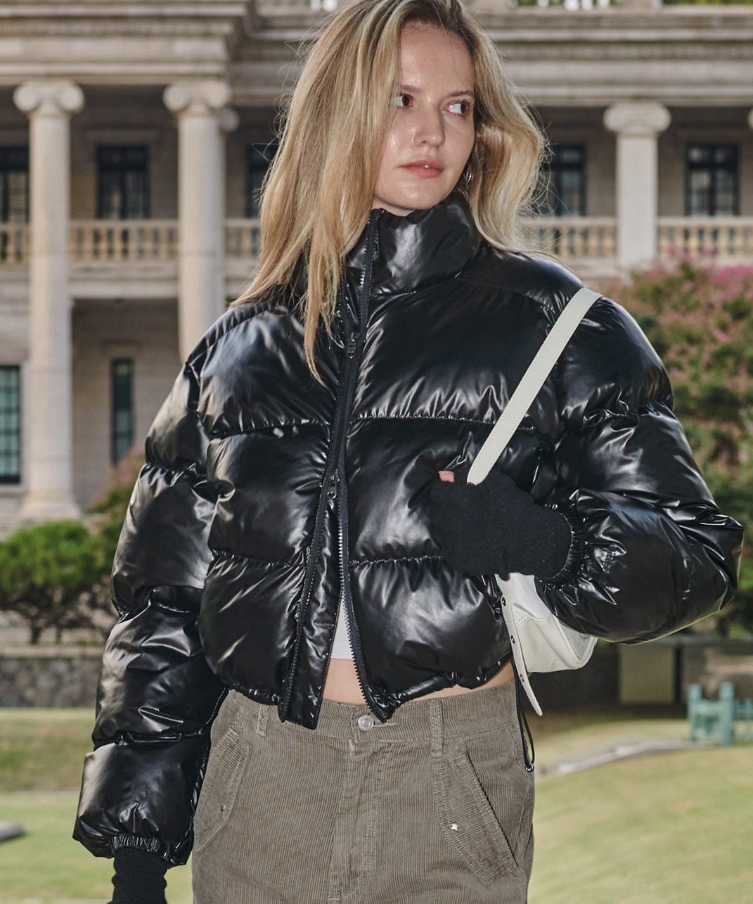 Glossy Crop Puffer Jacket-Black