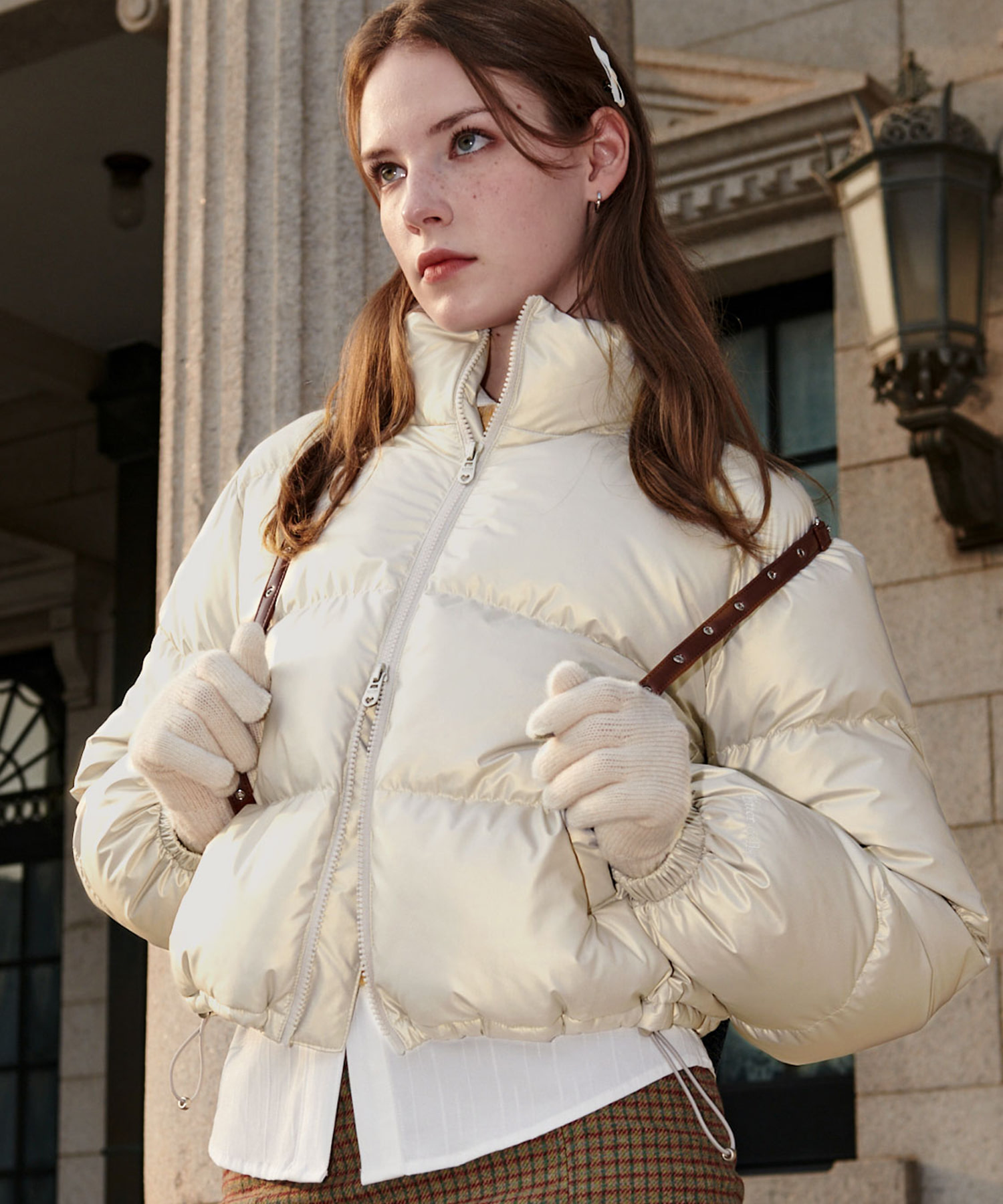 Glossy Crop Puffer Jacket-Pearl