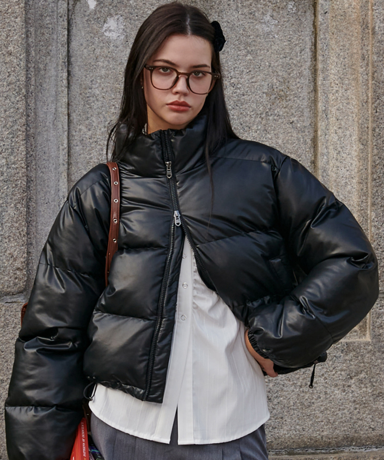 Eco Leather Puffer Jacket-Black