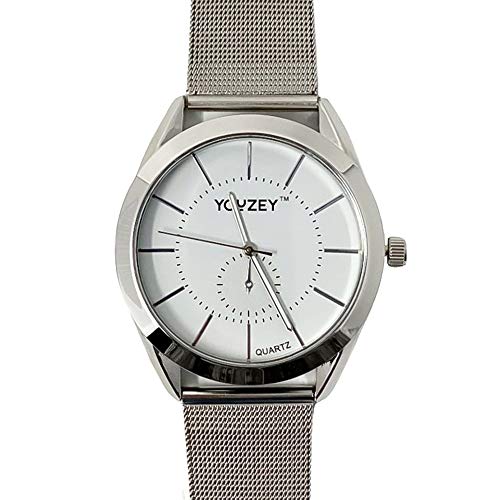 Youzey Round Unisex 시계with White Face, Silver Trim, Silver Tone Mesh Leather Strap 시계 미국출고-577152