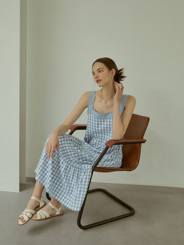 summer check sleeveless long dress(sky blue)