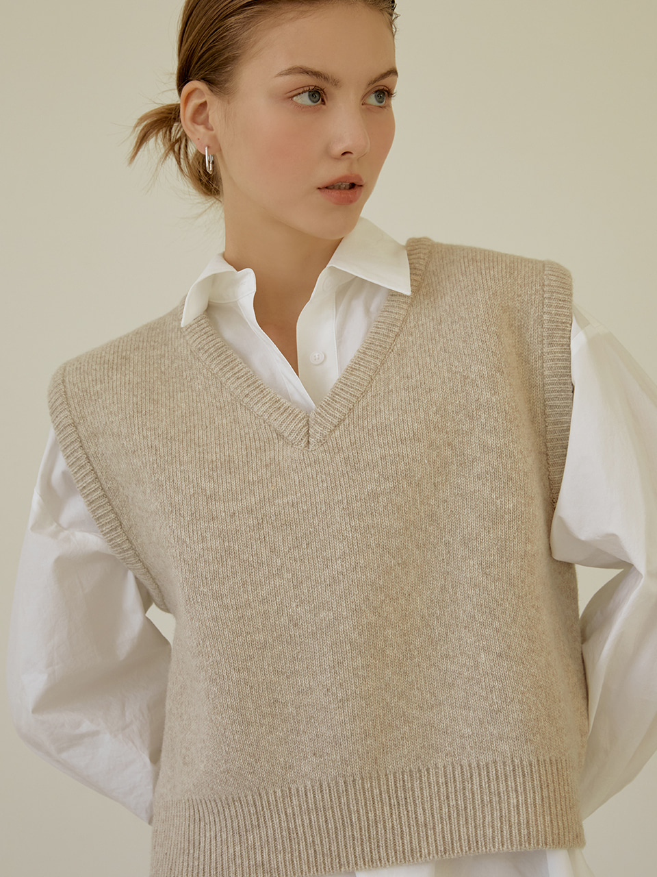 Simple Wool Knit Vest(Beige)