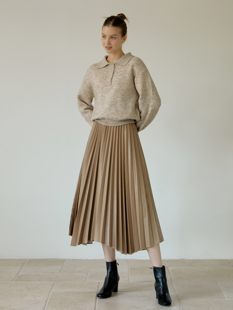 Pleats leather long skirt (brown)