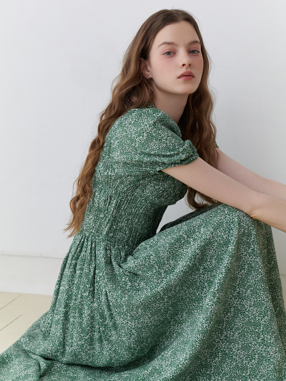 Pattern shirring long dress (green)