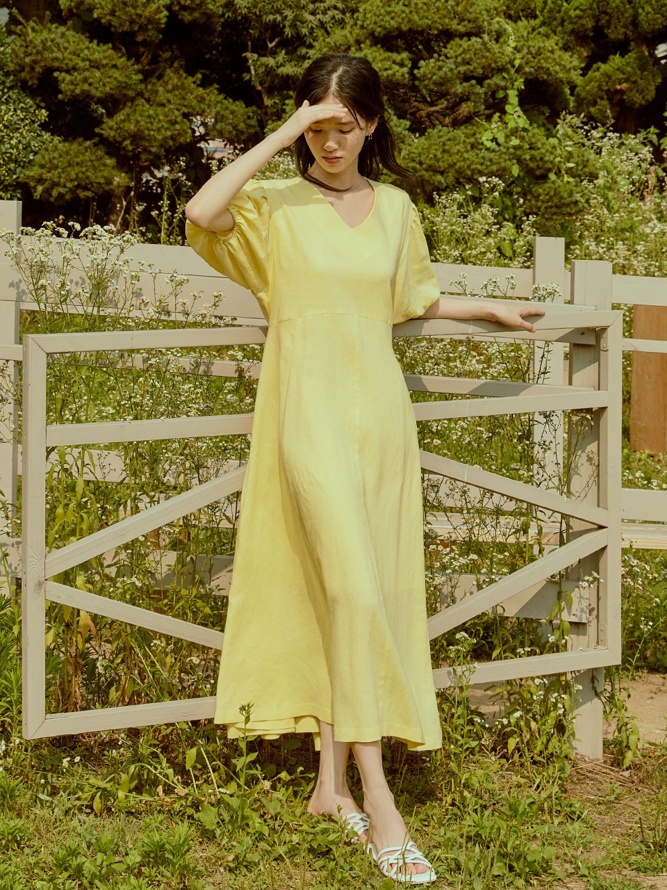 linen v-neck puff long ops (yellow)