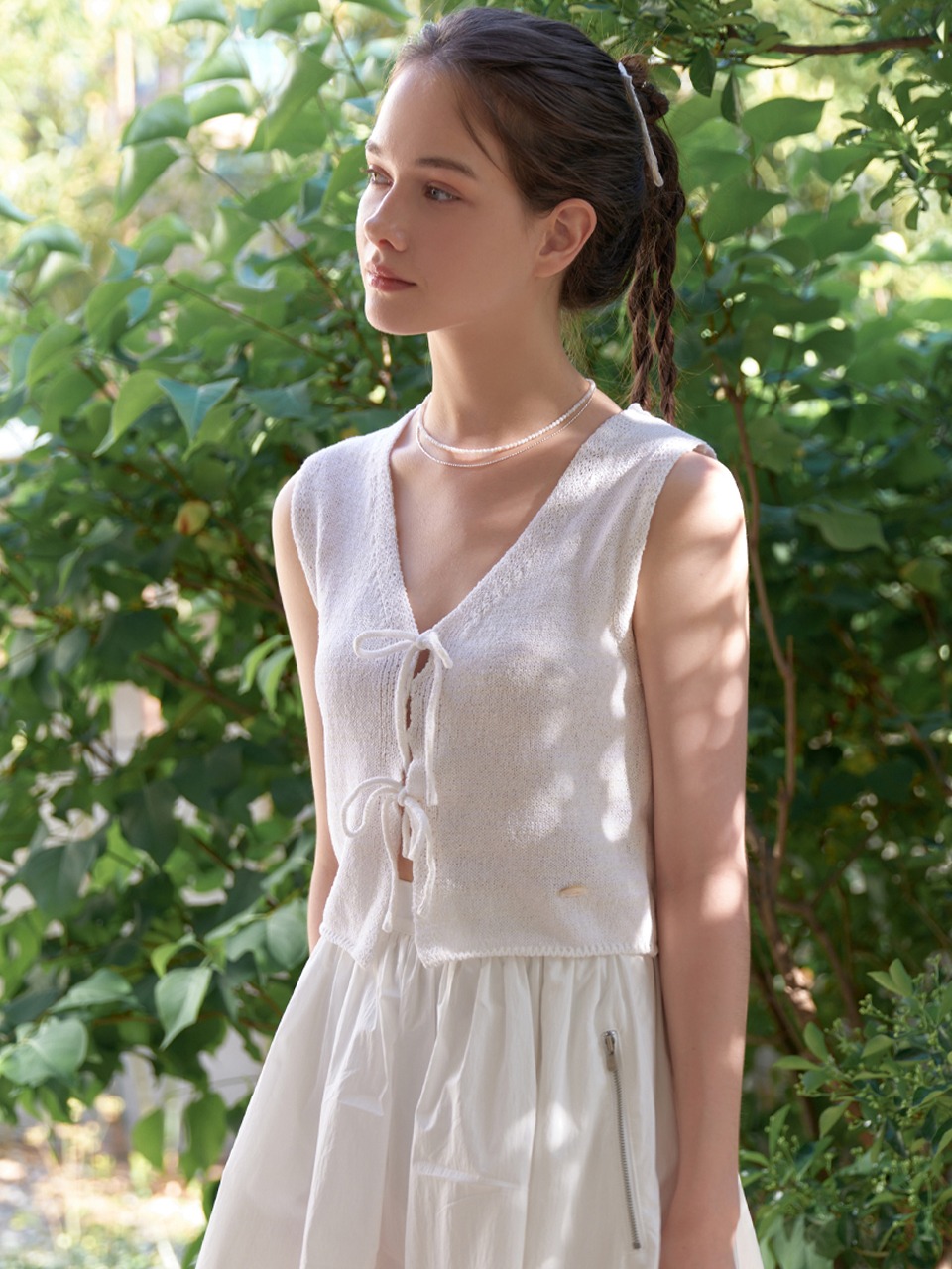 Linen ribbon knit vest (white)