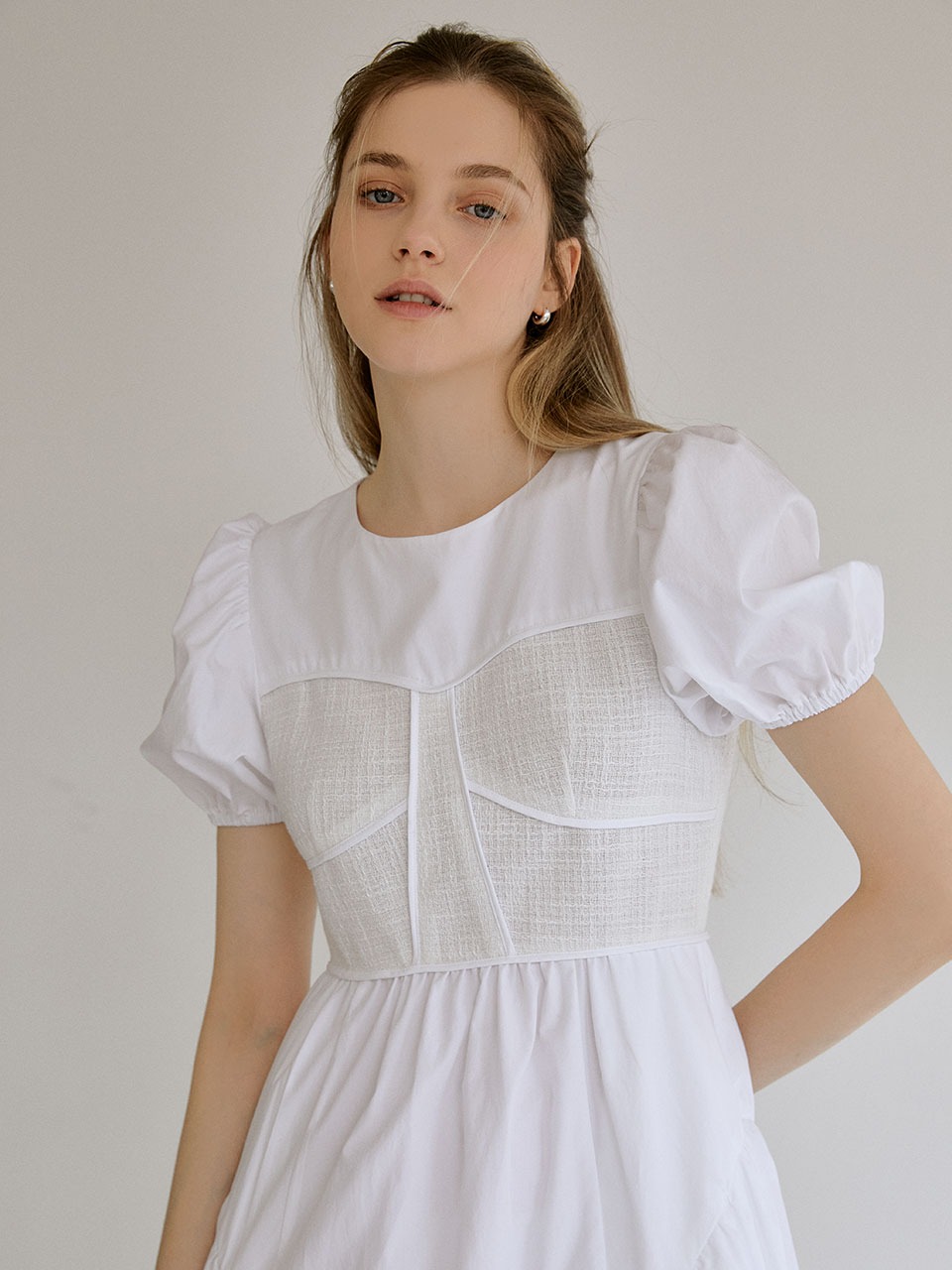 Meld tweed shirring dress (white)