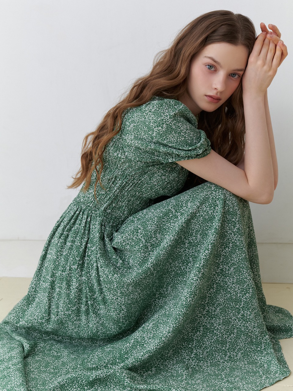 Pattern shirring long dress (green)