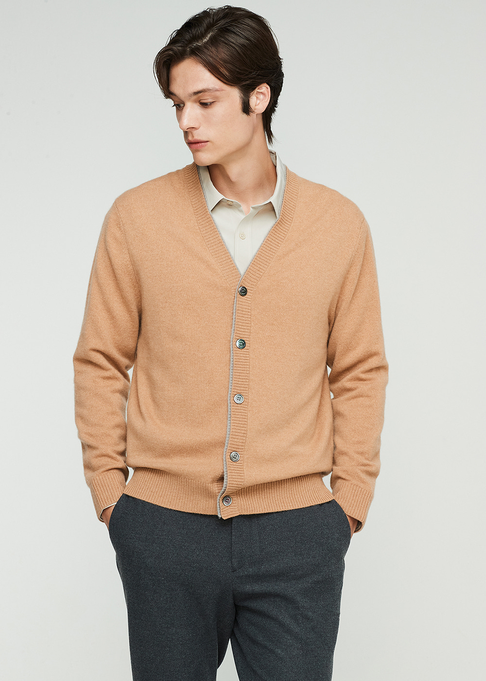 Double layer rib cardigan (camel) 20%