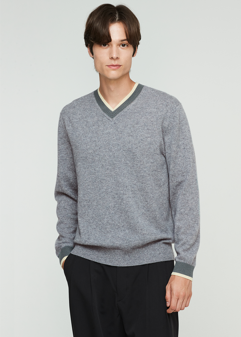 V-neck color block pullover (melange grey) 20%