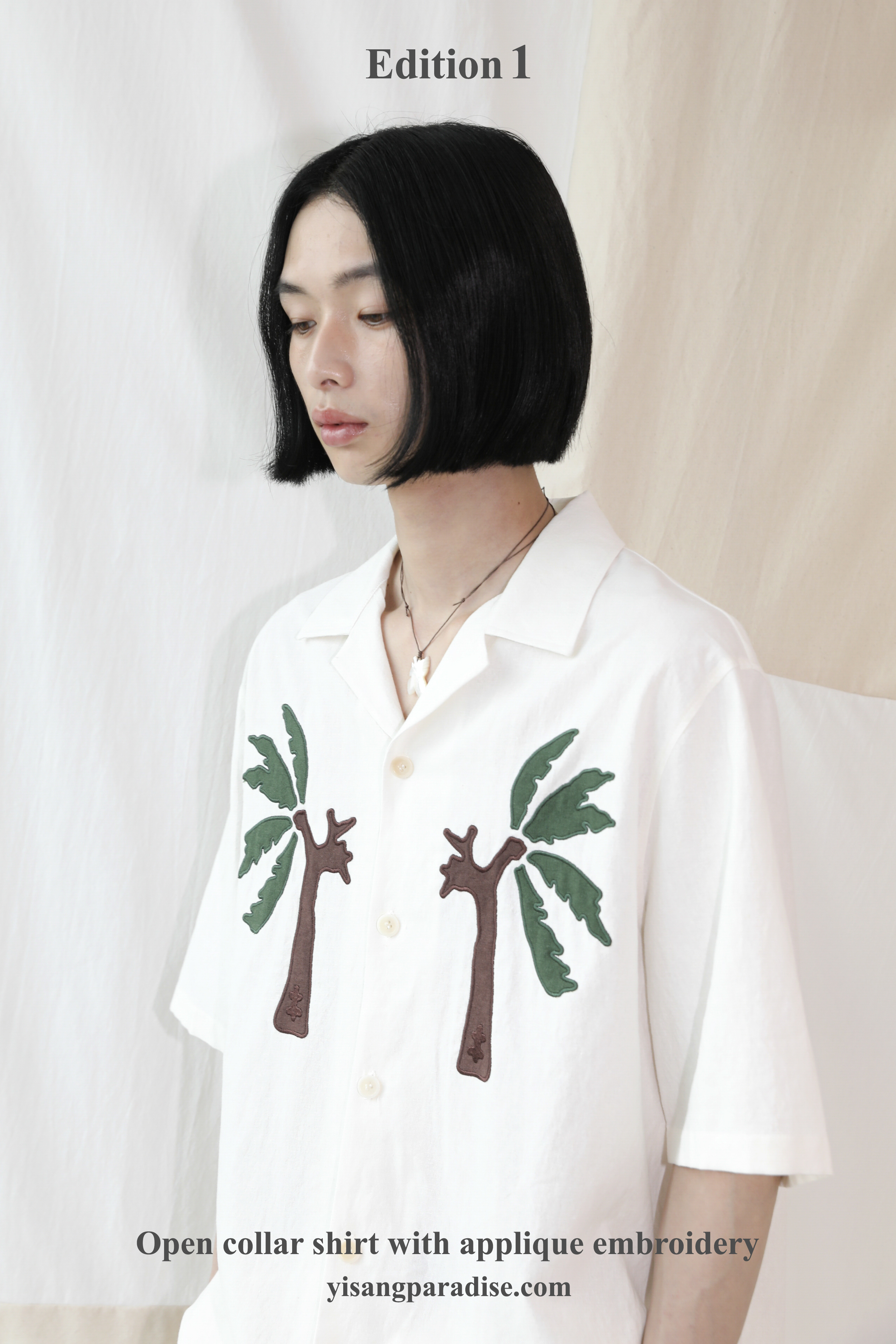 Edition 1. Open collar shirt with applique embroidery