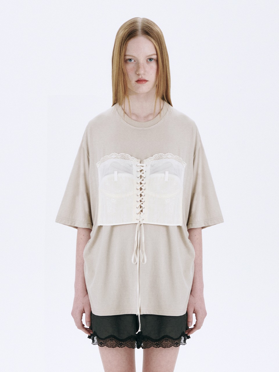 [Margesherwood ] / ☆ LACE-UP BUSTIER T-SHIRT / beige LACE-UP BUSTIER T-SHIRT_beige - MARGESHERWOOD