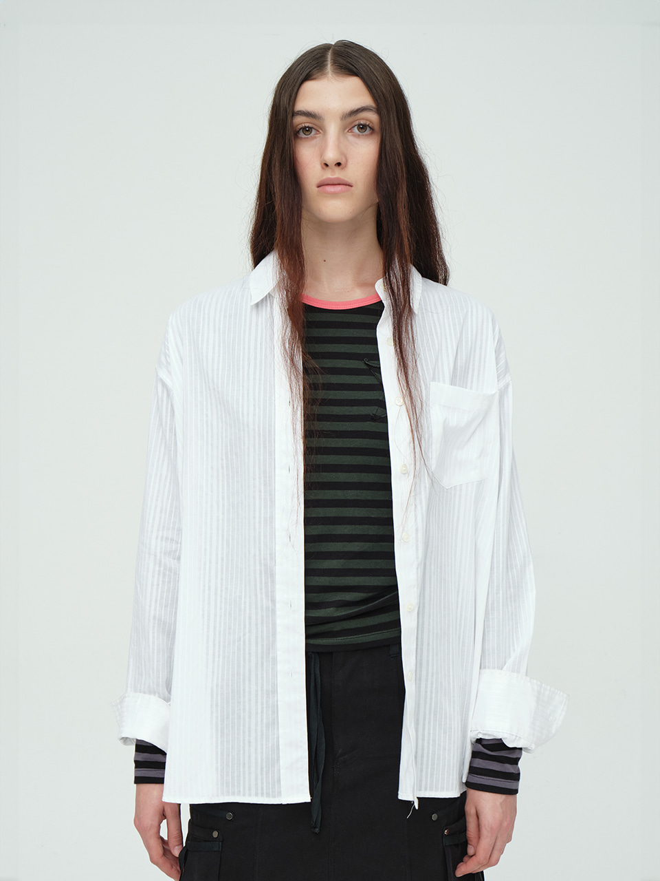 [Margesherwood ] / ☆ PK STRIPE LONG SLEEVE / beige Metallic Striped Pocket Shirt