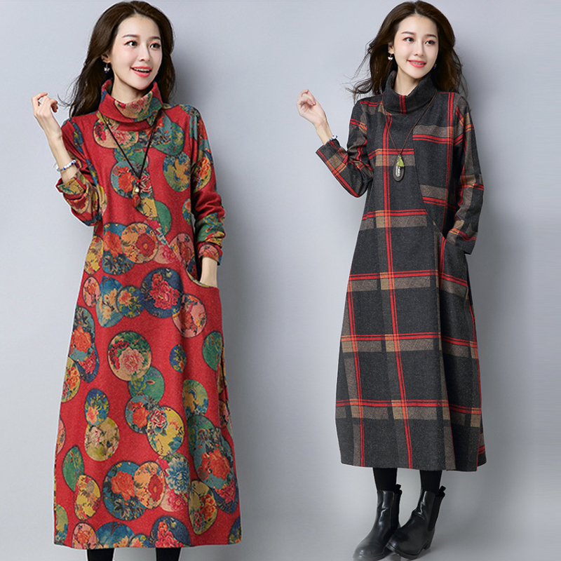 [해외] 여성 목폴라 민족풍 모직원피스 꽃무늬 캐주얼롱원피스