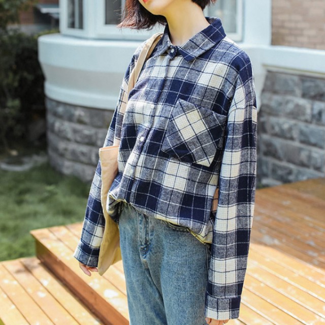 [해외] TOP신상 여성 체크무늬 BF풍 느슨한 캐주얼 두꺼운 셔츠