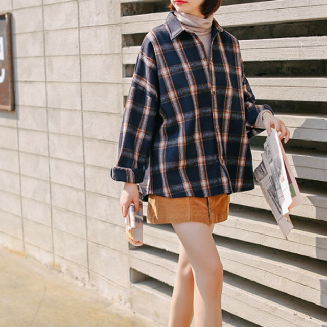 [해외] TOP신상 여성 체크무늬 BF풍 느슨한 캐주얼 모직 셔츠
