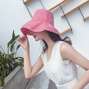 [해외] TOP신상 패션 여름 캐주얼 여성 비치 자외선 차단 모자 면 격자 썬캡