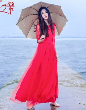 [해외] 매직 천 자수 스커트 큰 빨간 드레스