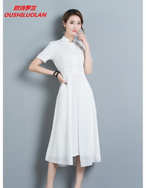 [해외] 여름 면화 드레스 복고풍 스탠드 칼라 반소매 드레스 스커트