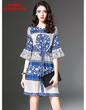 [해외] 새 봄 패션 스타일 프린트 실크 드레스