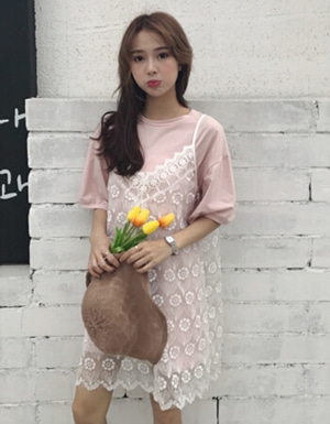 [해외] 봄과 여름 긴 섹션 반소매 T 셔츠 레이스 하네스 드레스