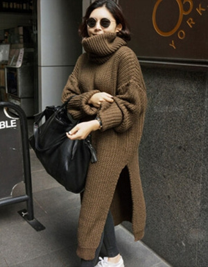 [해외] 넥 울 스웨터 드레스 두꺼운 긴 스웨터