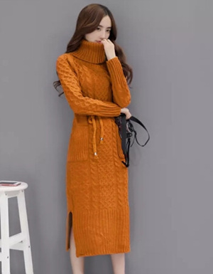[해외] 칼라 니트 스웨터 여자 긴 단락 드레스