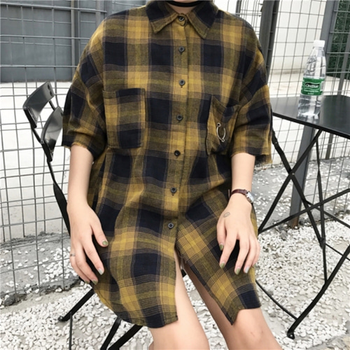 [해외]pr 옐로우네이비 격자체크 반소매 롱셔츠