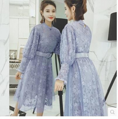 [해외] 봄 레이스 원피스 여성스러운 드레스 허리벨트