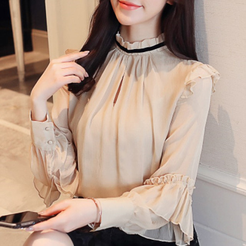 [해외] HOT신상 여성 쉬폰 프릴날개 블라우스 반목폴라 티셔츠