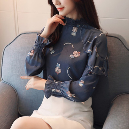 [해외] HOT신상 봄 여성 목폴라 쉬폰 캐주얼티셔츠 꽃무늬 블라우스