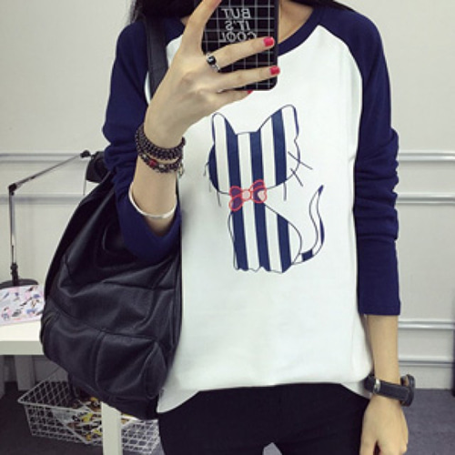 [해외] TOP신상 패션 캐주얼 여성 슬림 미니얼 긴소매 귀여운 캐릭터 슬림 티셔츠