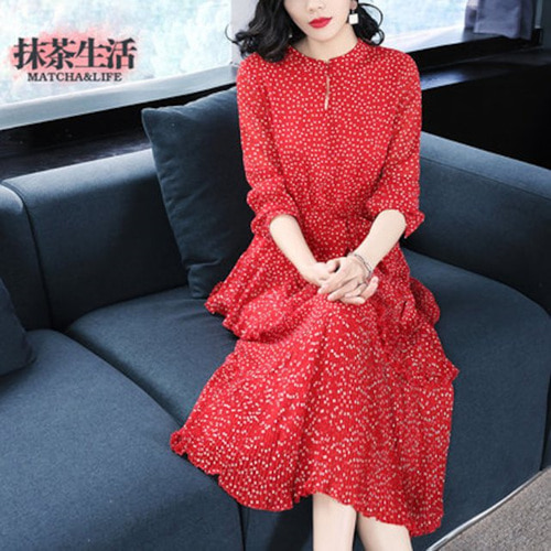 [해외] 2018 봄 시폰 패션 라운드넥 빨간 드레스