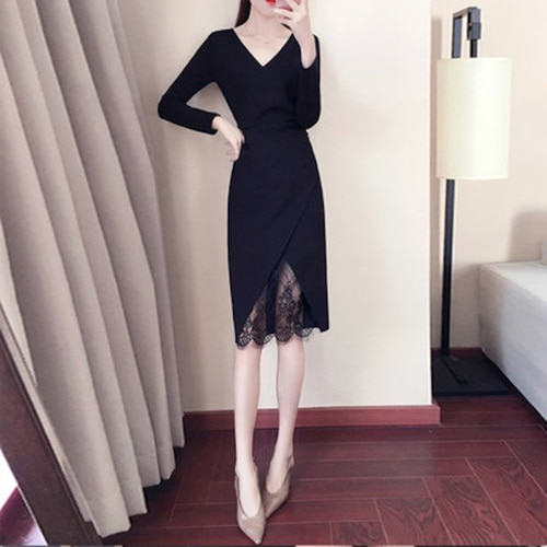 [해외] 레이스 드레스 봄 2018 여성 긴팔 치마 슬림 검은색 긴 섹시한 치마