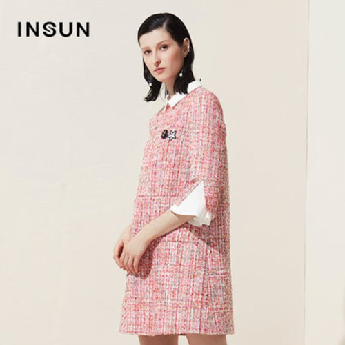 [해외] 트위드 스타 자수 핑크 드레스 새로운 고급 주름 원피스