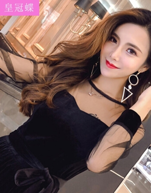 [해외] 2018 라운드 넥 섹시한 그물 원사 벨벳 라인 스윙 드레스